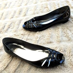 Stuart Weitzman "Low Key" Black Patent Leather Open Toe Lattice Flats, Sz. 8